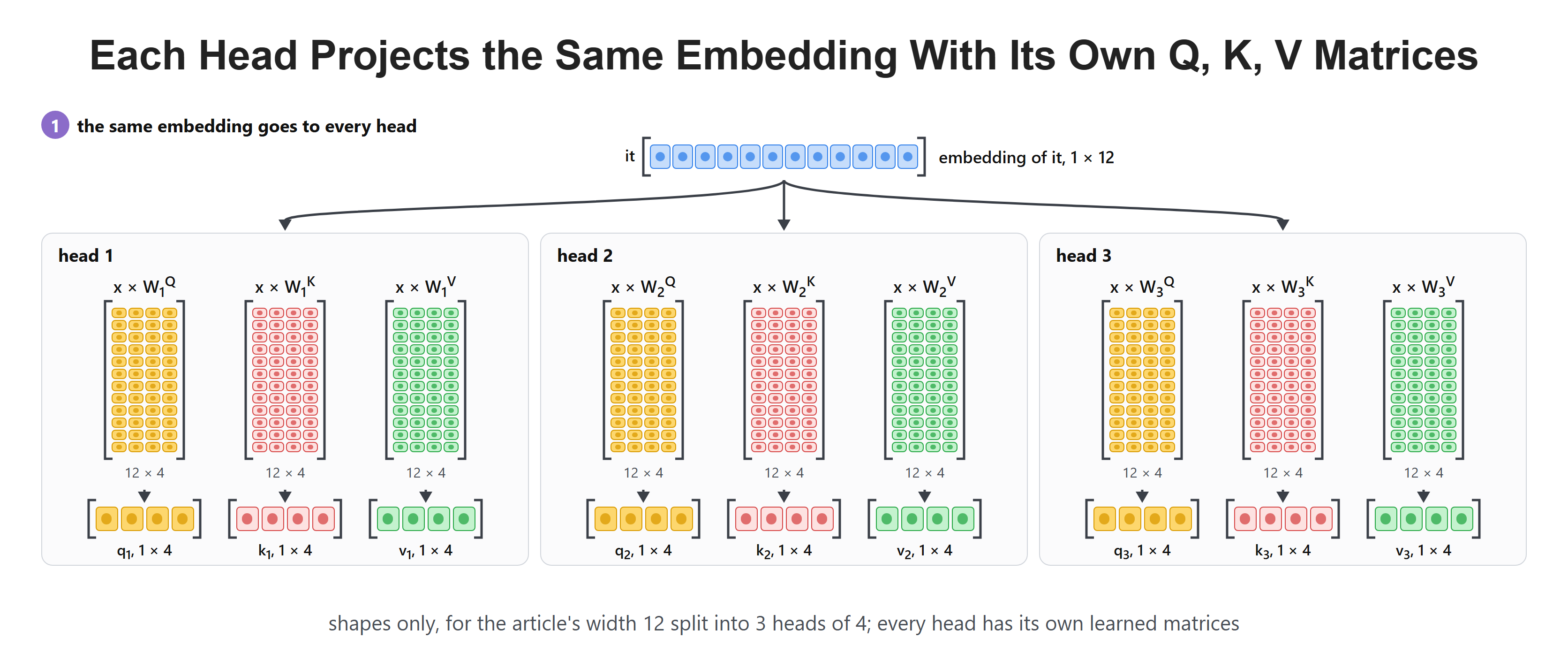 Each Head Projects the Same Embedding With Its Own Q, K, V Matrices