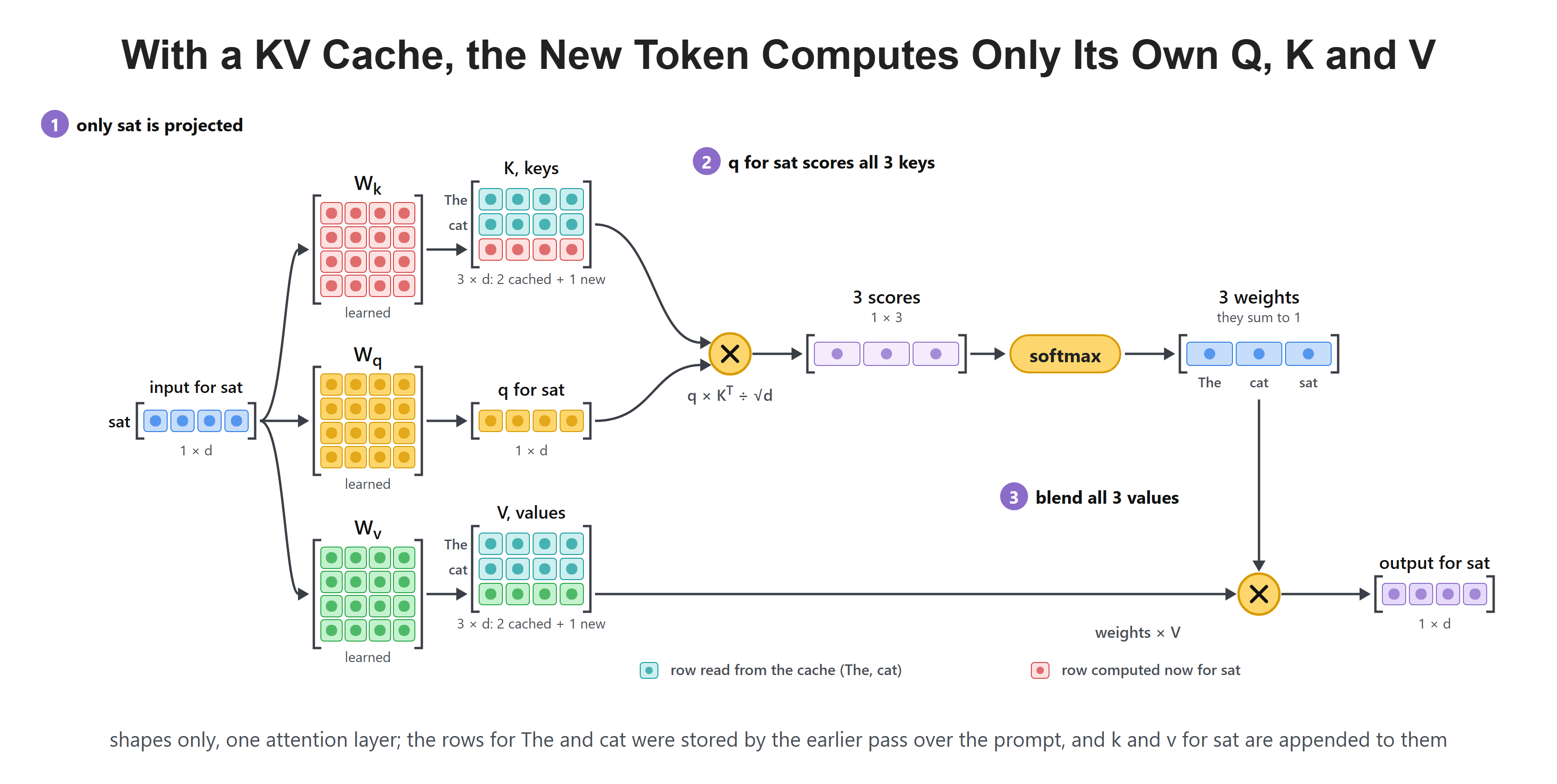 With a KV Cache, the New Token Computes Only Its Own Q, K and V
