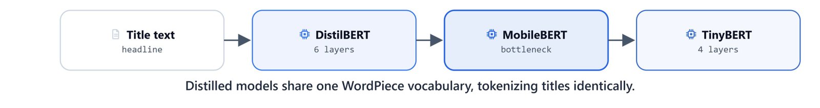 Diagram comparing DistilBERT, MobileBERT, and TinyBERT tokenizing the same input into shared WordPiece tokens