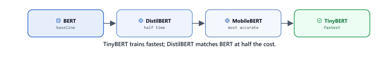 Diagram comparing the four models on the accuracy versus speed trade-off, highlighting TinyBERT for speed