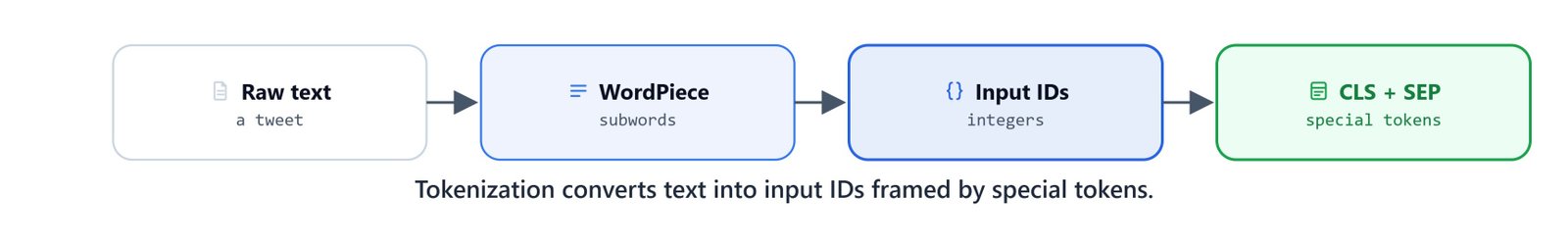 Diagram of the tokenization step: raw text split into subword tokens and mapped to input IDs with special tokens