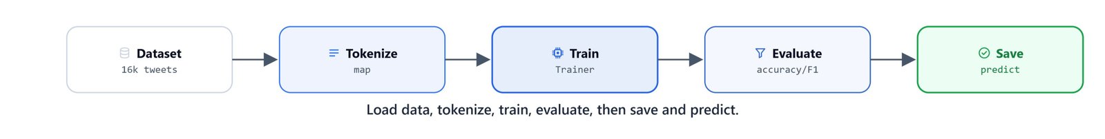 Diagram of the full fine-tuning workflow: dataset, tokenize, train with Trainer, evaluate, save, and predict