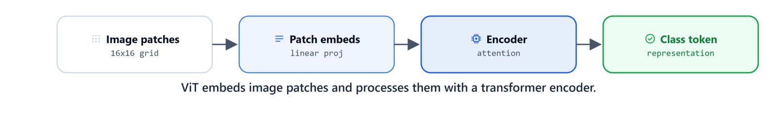 Diagram of the Vision Transformer: an image split into patches, embedded, and processed by a transformer encoder