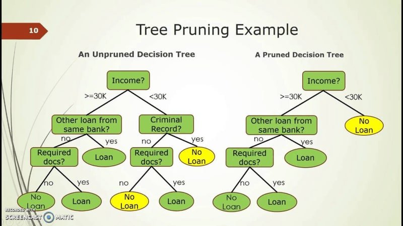 Pruned decision tree with reduced depth showing cleaner structure and improved generalisation