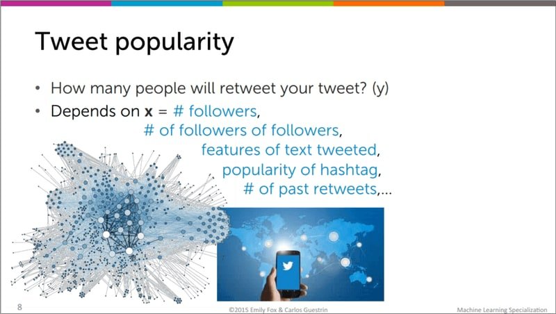 Tweet popularity slide showing that retweet count depends on follower count, hashtag, and text features