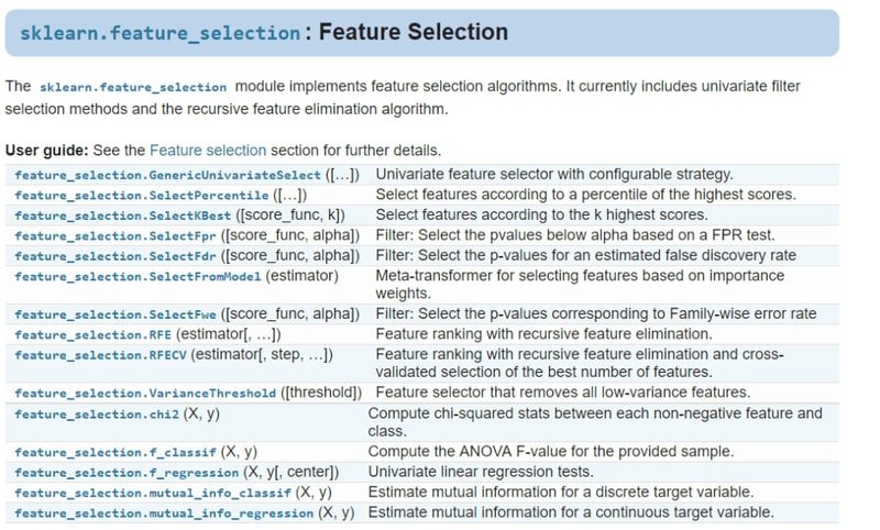 Scikit-learn documentation screenshot showing the feature_selection module class list
