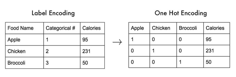 Table showing how Label Encoding assigns integers to food names (Apple=1, Chicken=2, Broccoli=3) while One Hot Encoding creates a separate binary column for each food