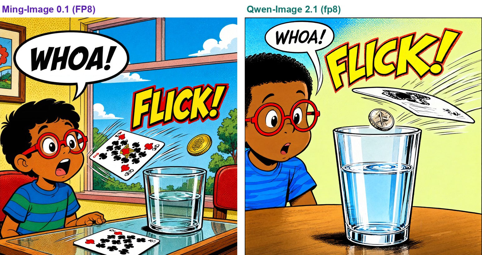 The card flick panel, Ming-Image-0.1-Design on the left and Qwen-Image 2.1 on the right: the card flies off a glass of water while the coin hangs above it