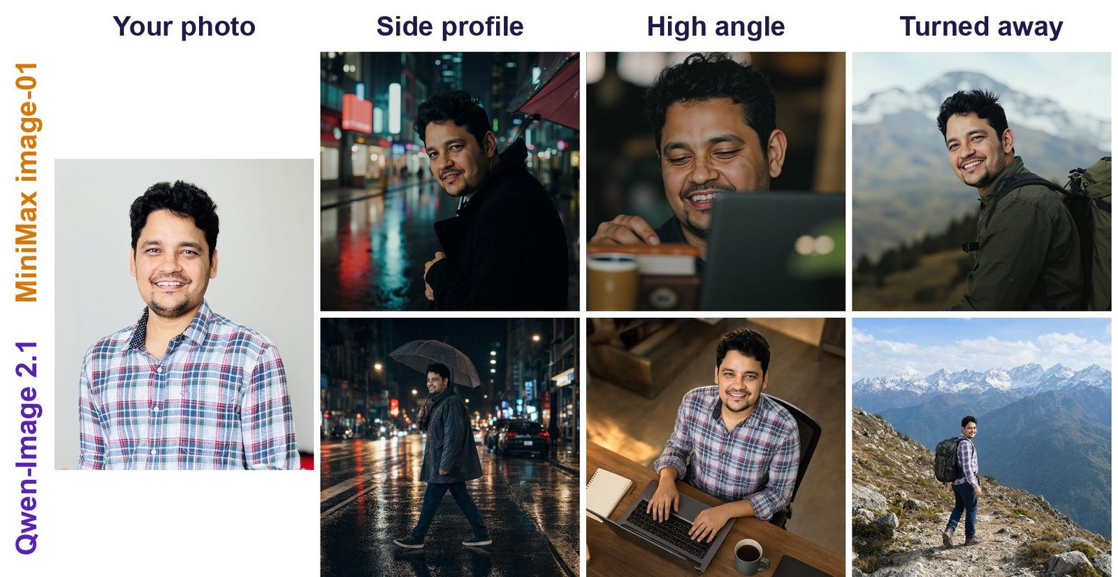 Reference photo, then pose and camera-angle edits with MiniMax image-01 on the top row and Qwen-Image 2.1 on the bottom row: side-profile walk in the rain, high-angle desk shot, and a hiking shot turned away