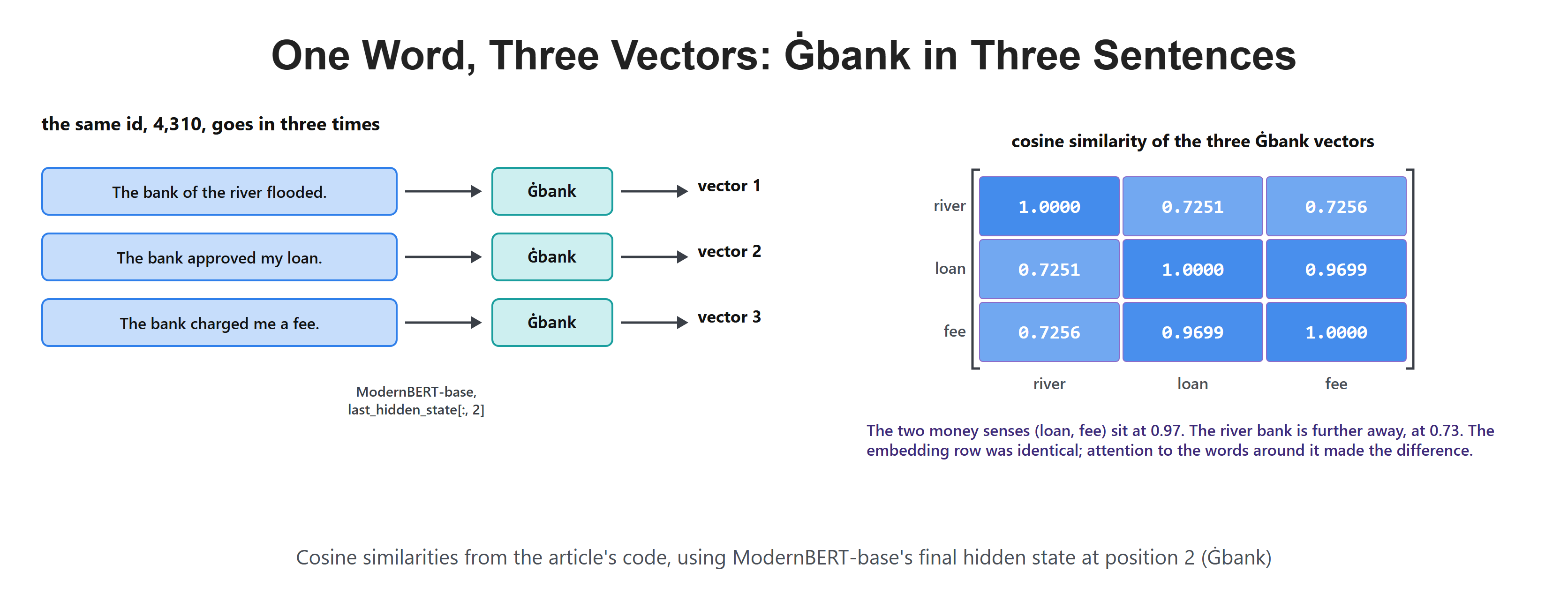 One Word, Three Vectors: Ġbank in Three Sentences