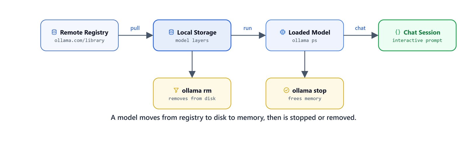 Ollama model lifecycle showing models moving between the remote registry, local disk, memory, copied variants, and deletion