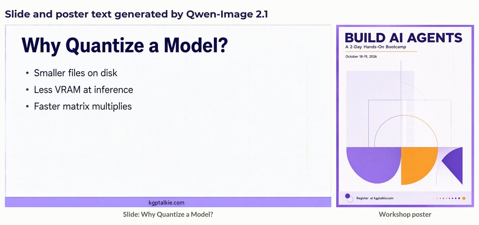 Collage of text images generated by Qwen-Image 2.1: a slide titled Why Quantize a Model and a workshop poster