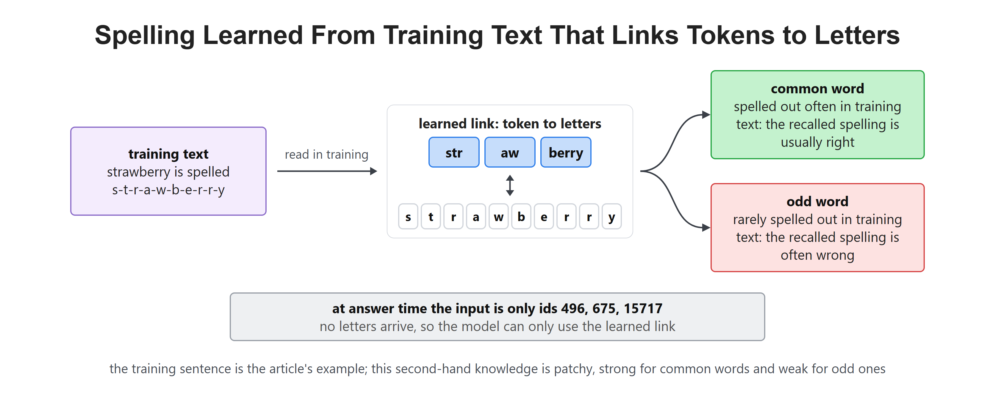 Spelling Learned From Training Text That Links Tokens to Letters