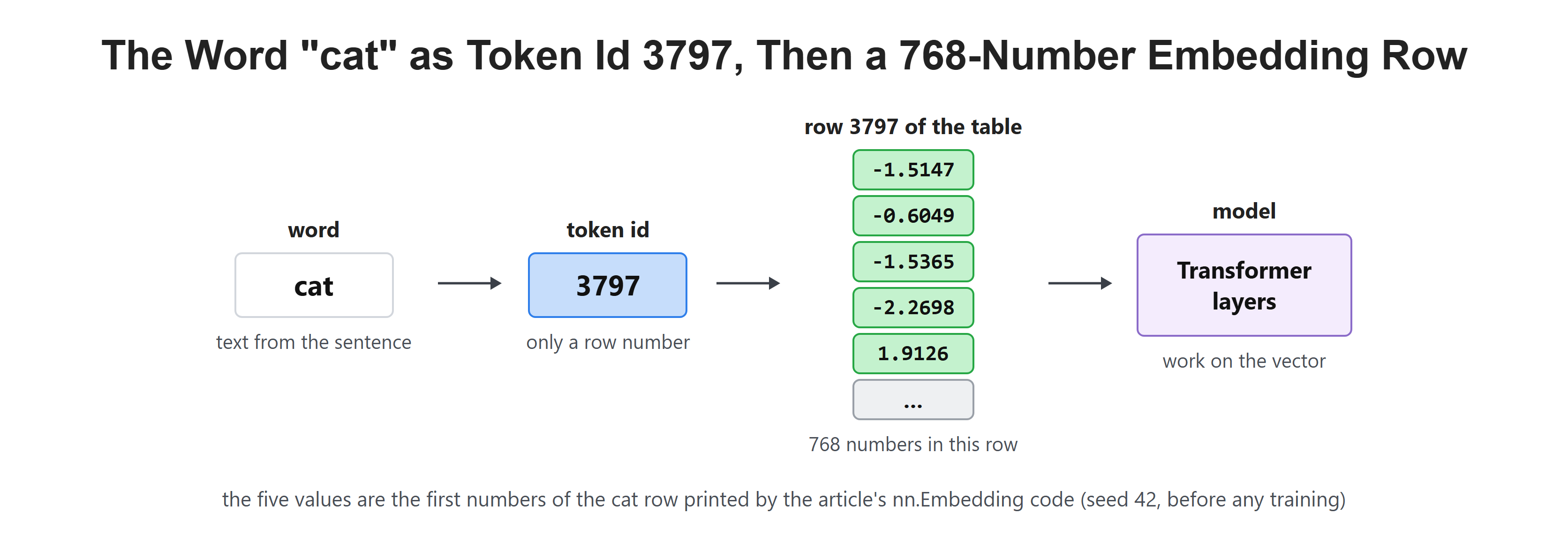 The Word "cat" as Token Id 3797, Then a 768-Number Embedding Row