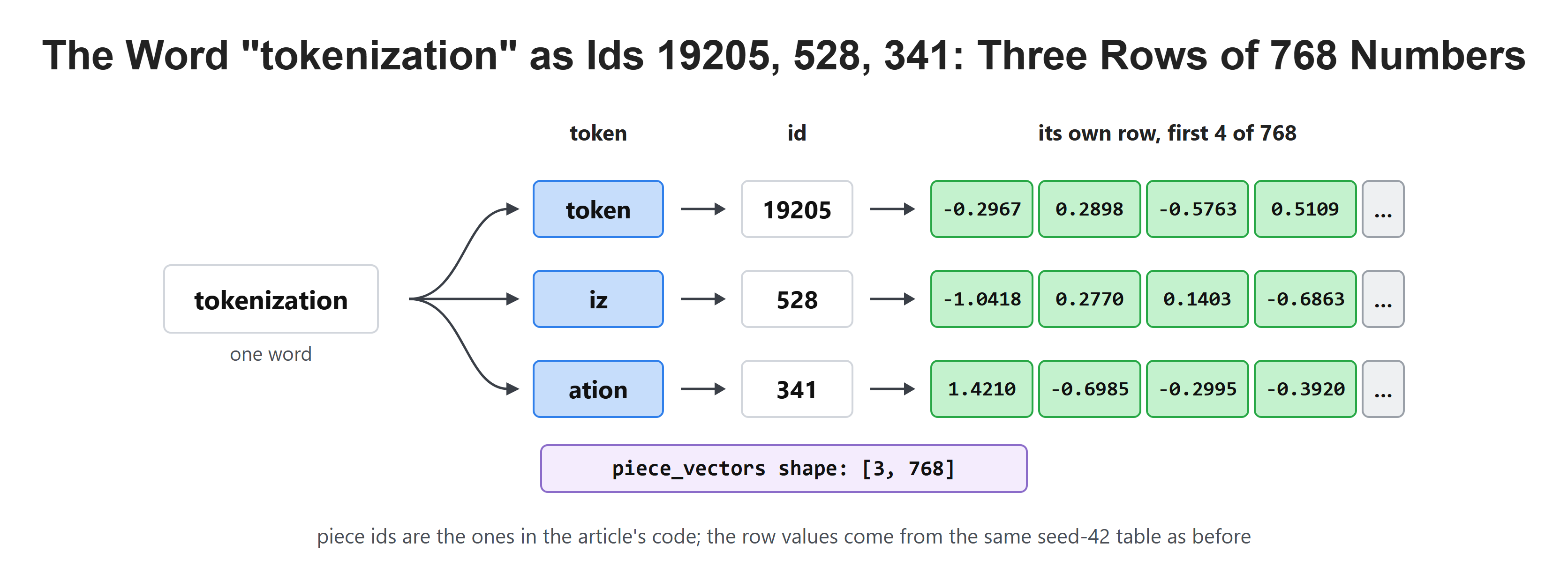 The Word "tokenization" as Ids 19205, 528, 341: Three Rows of 768 Numbers